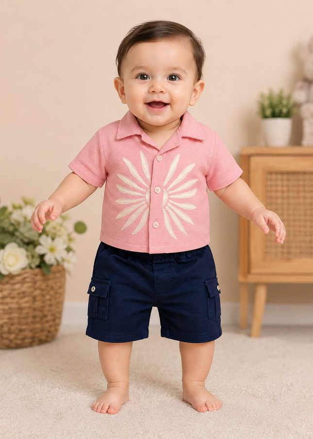 BOYS SET CODE-A400 Baby Boys Pink Printed Shirt & Navy Blue Cargo Shorts Set