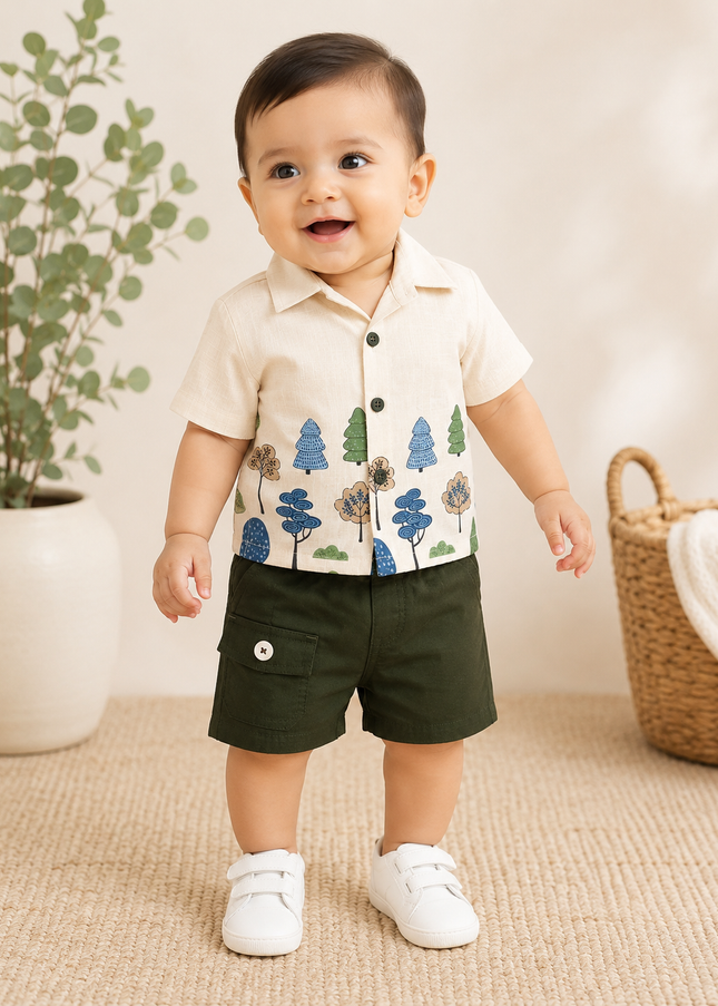 BOYS SET CODE-A401 Baby Boy Cream Printed Shirt & Olive Green Shorts Set | He And She Kidswear