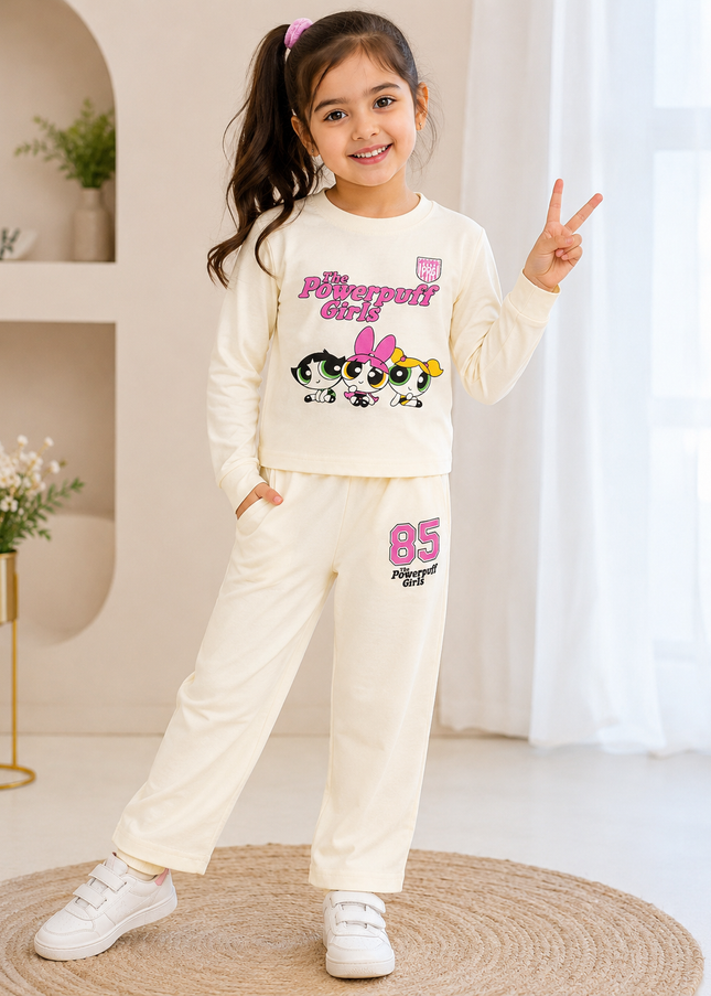 GIRLS CODINATE CODE-A403 Girls Cream Powerpuff Girls Printed Full Sleeve Co-Ord Set | Stylish Casual Outfit