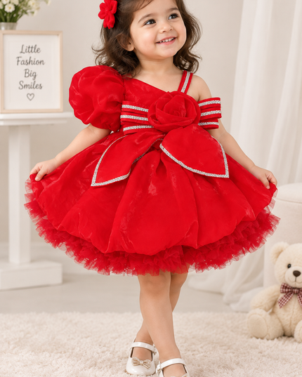 GIRLS FROCK CODE-423 Red Party Wear Dress for Girls | Bow & Rose Design