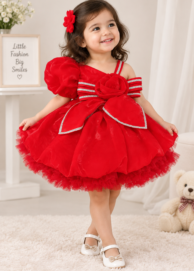 GIRLS FROCK CODE-423 Red Party Wear Dress for Girls | Bow & Rose Design