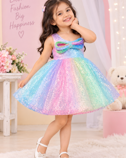 GIRLS FROCK A429 Girls Rainbow Sequin Party Dress with Bow – Sparkle Tulle Dress