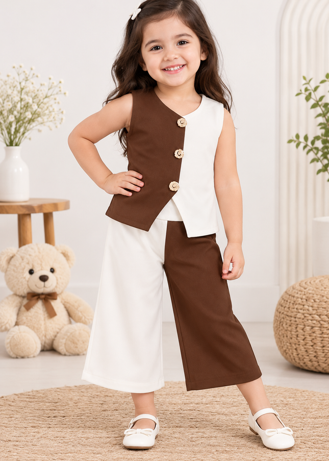 GIRLS SET CODE-A335 Girls Brown & Cream Co-Ord Set | Stylish Sleeveless Top & Wide Leg Pants