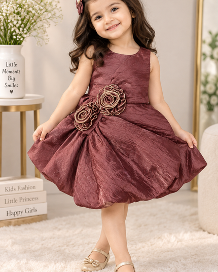 GIRLS FROCK CODE A-422 Girls Mauve Party Wear Dress with Floral Waist Design | Elegant Kids Dress