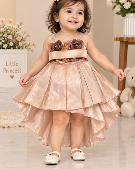 girls frock A-424 Girls Peach Satin Party Dress with Floral Waist Belt | Hi-Low Princess Dress