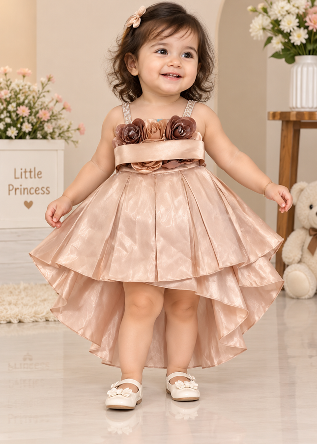girls frock A-424 Girls Peach Satin Party Dress with Floral Waist Belt | Hi-Low Princess Dress