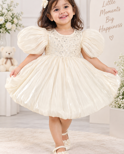 A425 GIRLS FROCK Girls Ivory Sequin Party Dress with Puff Sleeves | Kids Princess Dress
