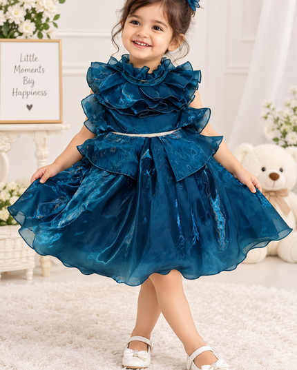 A426 GIRLS FROCK Girls Royal Teal Blue Ruffle Party Wear Frock Dress