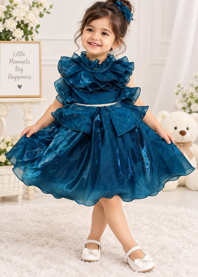 A426 GIRLS FROCK Girls Royal Teal Blue Ruffle Party Wear Frock Dress