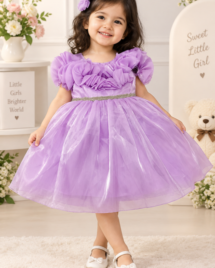 A427 GIRLS FROCK Girls Lavender Princess Party Dress | Floral Ruffle Organza Frock