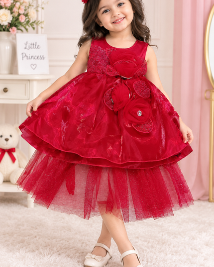 GIRS FROCK A428 Girls Red Party Wear Frock Dress with Glitter Tulle & Floral Design