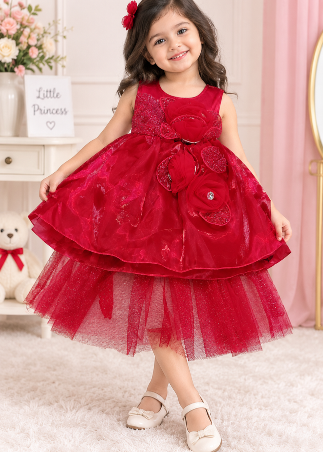 GIRS FROCK A428 Girls Red Party Wear Frock Dress with Glitter Tulle & Floral Design