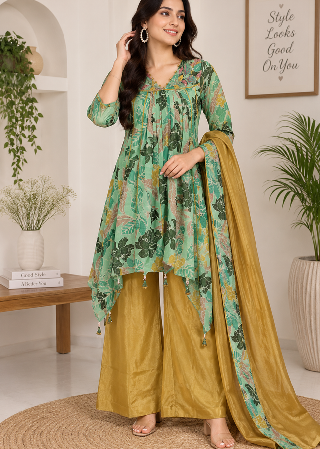 LADIES DRESS A431 Women’s Green Floral Printed Kurta Palazzo Set with Dupatta | Elegant Ethnic Wear