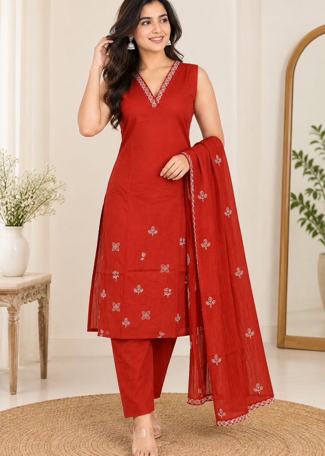 LADIES DRESS A434 Women’s Embroidered Kurta Pant Dupatta Set – Rama & Rust Orange