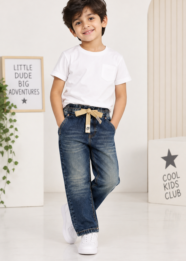BOYS JEANS A435 Boys Relaxed Fit Denim Jeans with Tie Belt | Premium Cotton Casual Jeans