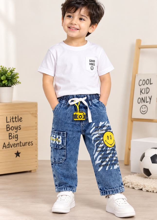 BOYS JEANS A437 Boys Denim Cargo Jeans with Graphic Print & Smiley Patch