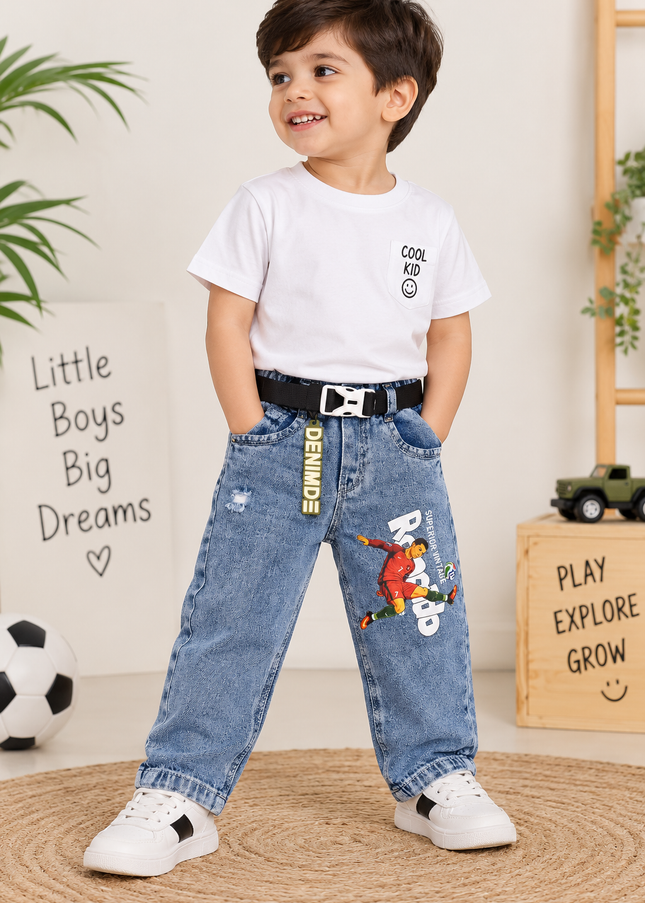 BOYS JEANS A438 Boys Blue Denim Jeans with Soccer Print & Belt | Stylish Casual Jeans