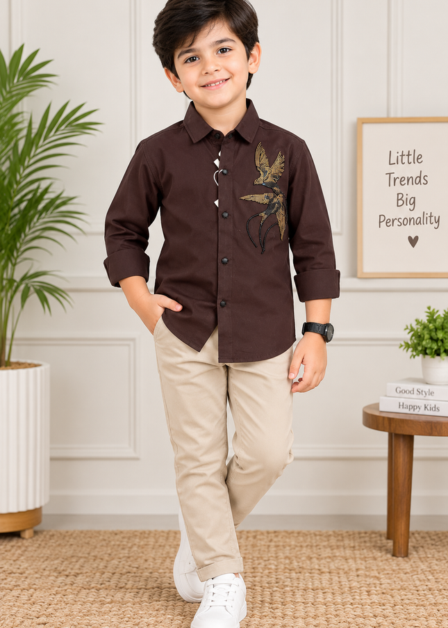 BOYS SHIRT A439 Boys White Shirt with Bird Embroidery | Stylish Full Sleeve Casual Shirt