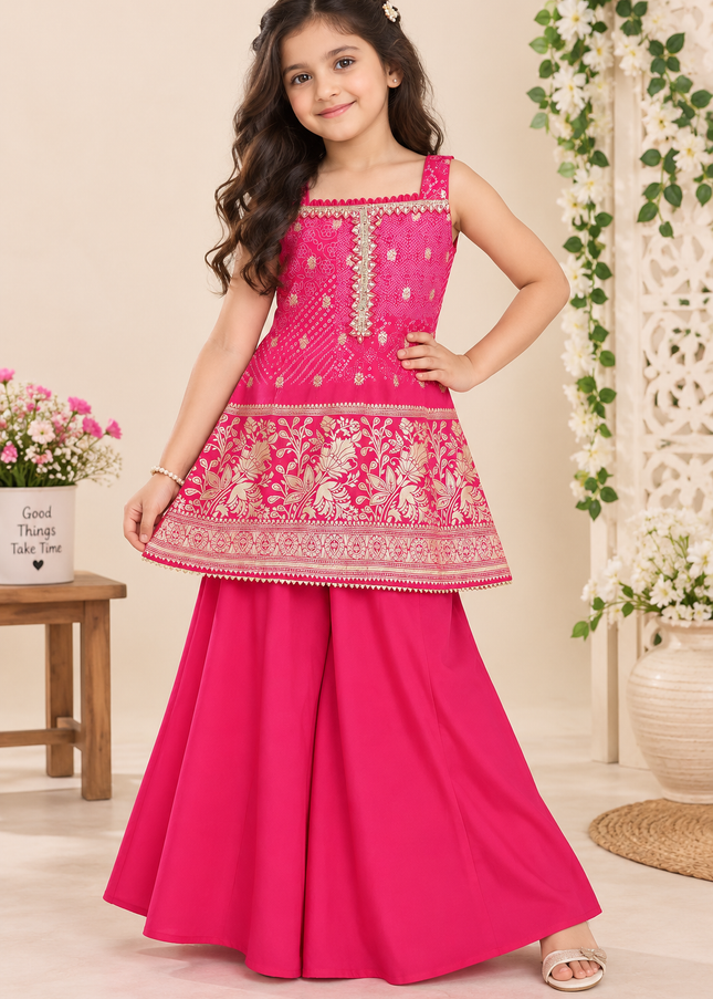 GIRLS PALZO A441 Girls Pink Printed Ethnic Top with Palazzo Set | Traditional Festive Wear