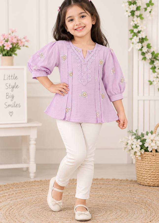 GIRLS TOPS CODE-A421 Girls Lilac Embroidered Floral Top with Lace Neckline