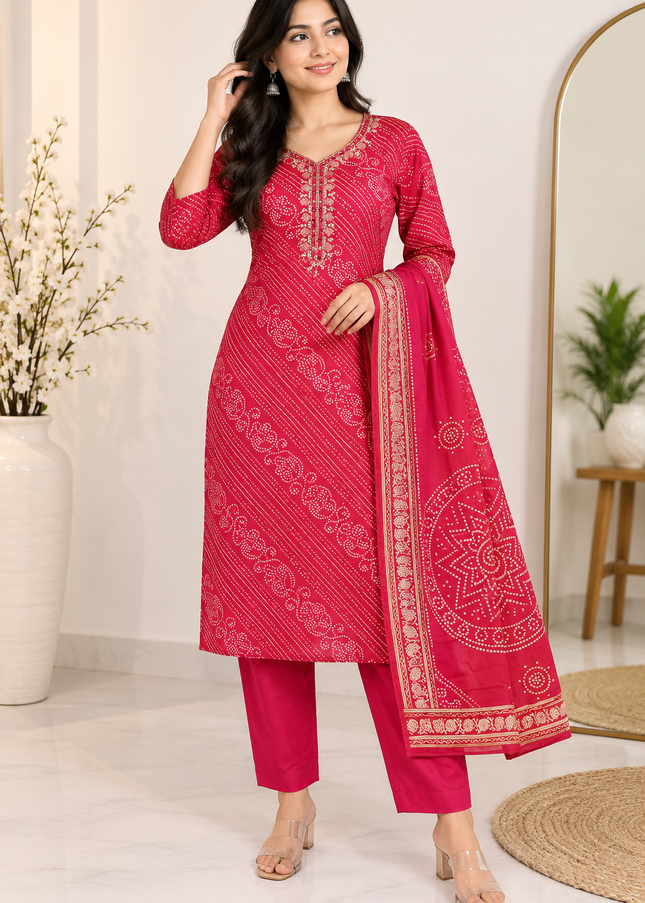 LADIES KURTI SET CODE-A418 Women’s Pink Bandhani Print Kurta Pant Set with Printed Dupatta