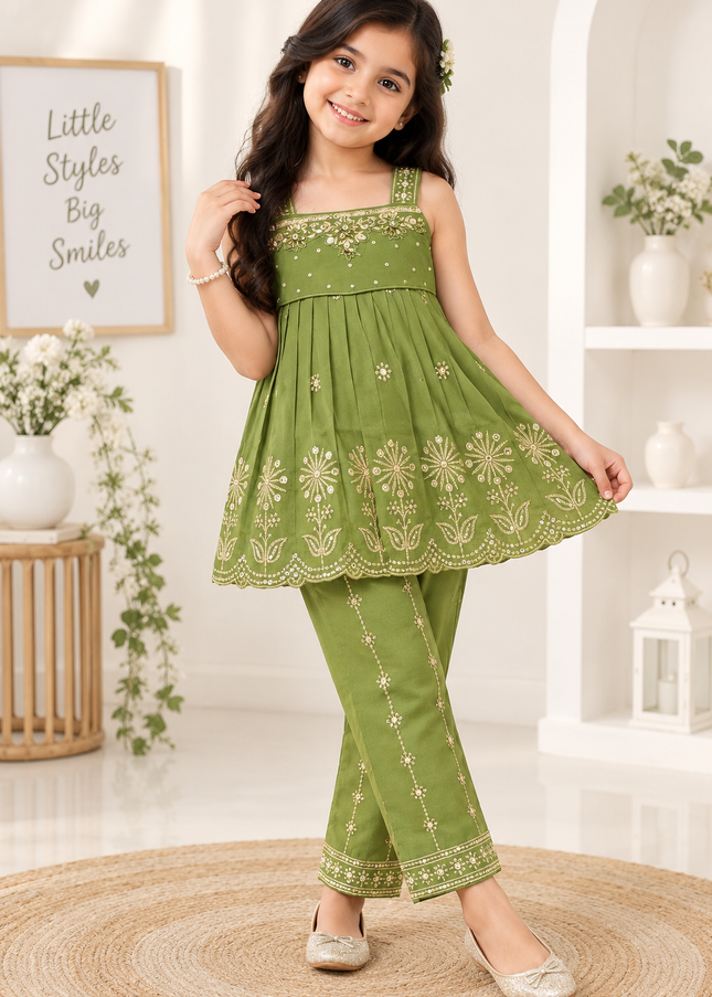 GIRLS GHARARA SET CODE-A419 Girls Olive Green Embroidered Gharara Palazzo Set | Ethnic Festive Wear