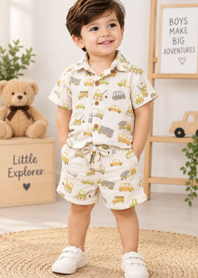BOYS SET CODE-A322 Boys Cotton Printed Shirt & Shorts Set – Construction Vehicle Print Outfit