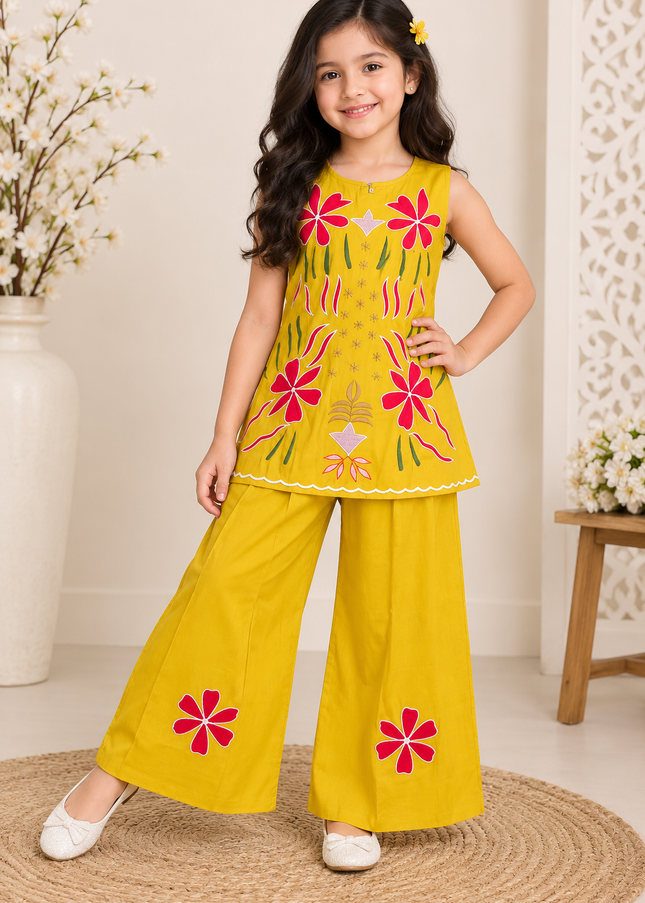 GIRL KURTI SET CODE-A315 Girls Yellow Floral Embroidered Kurta Palazzo Set | Stylish Ethnic Wear for Girls