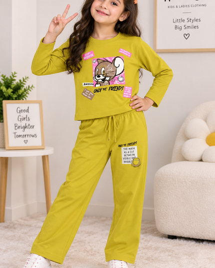 GIRLS CODINATE CODE-A404 Girls Yellow Printed Cord Set | Full Sleeve Top & Wide Leg Pants | He and She