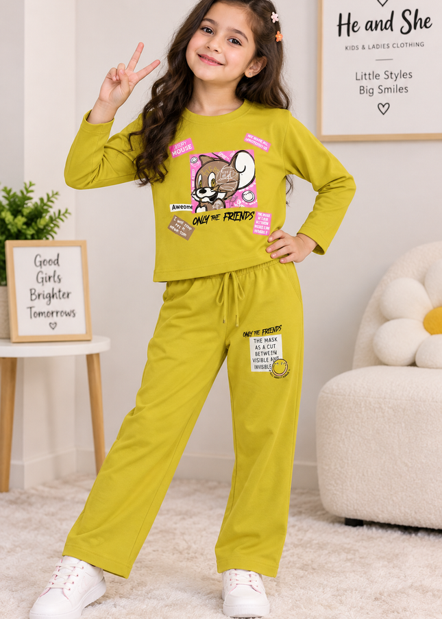 GIRLS CODINATE CODE-A404 Girls Yellow Printed Cord Set | Full Sleeve Top & Wide Leg Pants | He and She