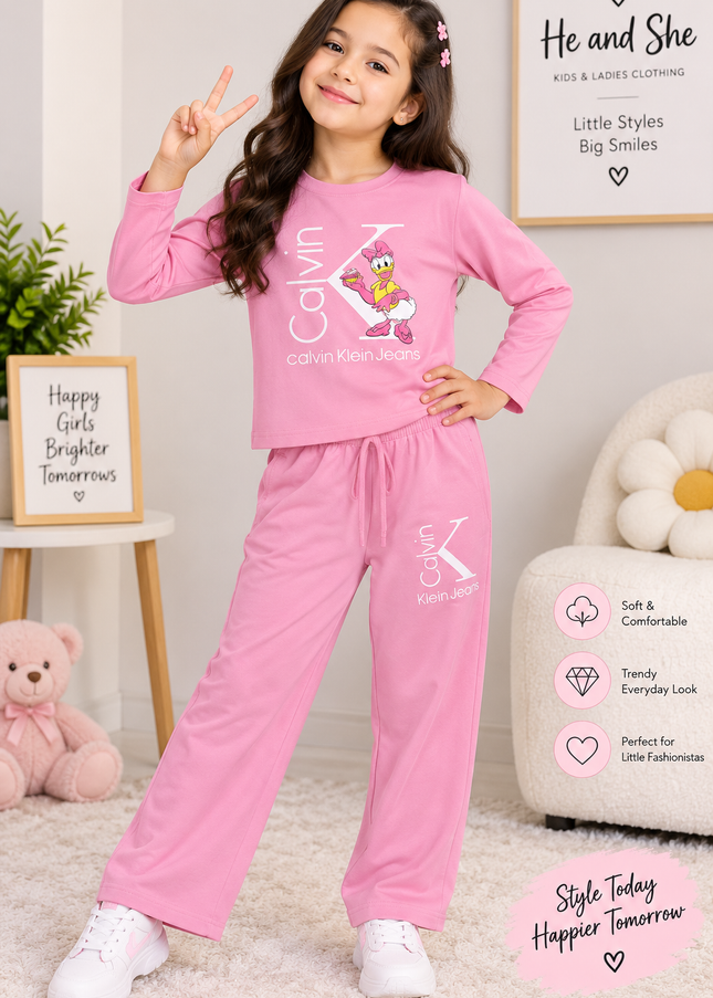 GIRLS CODINATE CODE-A406 Girls Pink Printed Cord Set | Full Sleeve Top & Wide Leg Pants | He and She