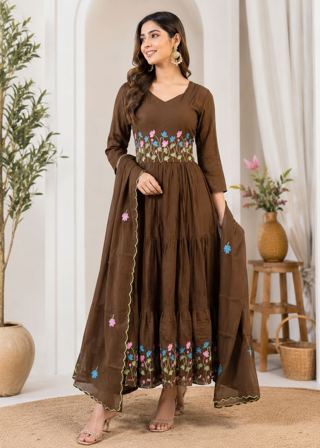 LADIES KURTIS SET CODE-A230 Women’s Floral Embroidered Anarkali Dress with Dupatta – Ethnic Wear