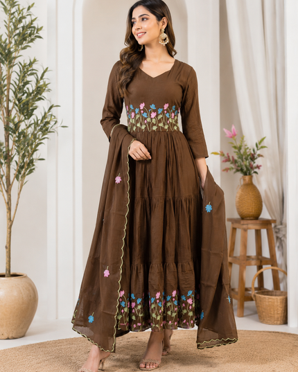 LADIES KURTIS SET CODE-A230 Women’s Floral Embroidered Anarkali Dress with Dupatta – Ethnic Wear