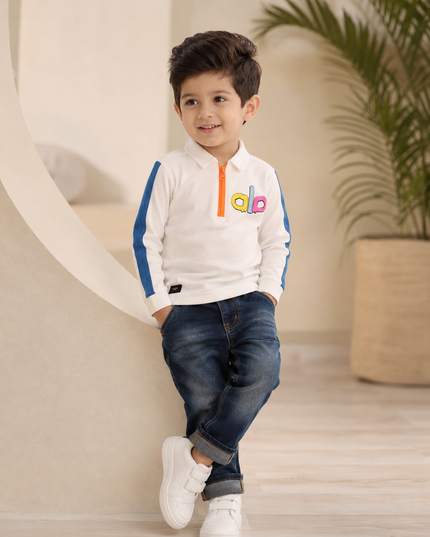 BOYS TSHIRT CODE-A243 Boys White Full Sleeve Polo T-Shirt with Blue Stripes & Orange Zip