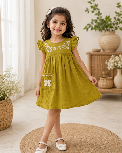 GIRLS FROCK CODE-A301 Girls Embroidered Floral Dress with Ruffle Sleeves | Stylish Party & Casual Dress