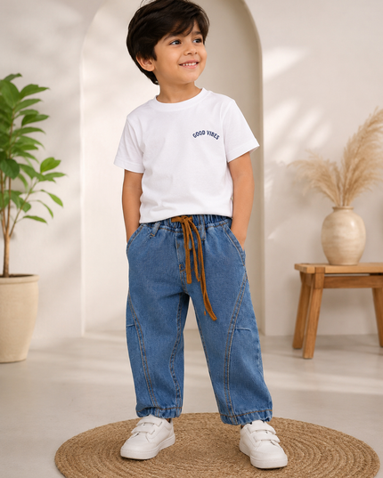 BOYS JEANS CODE-A342 Boys Denim Jogger Pants with Drawstring – Casual Cotton-Blend Jeans