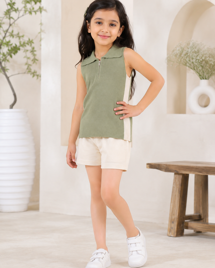 GIRLS TOPS CODE-A348 Girls Brown Sleeveless Collar Top | Half Zip Casual Top | He and She Kidswear