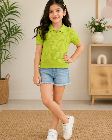 GIRLS TOPS CODE-A349 Girls Pink Textured Knit Collared Top | He And She Kidswear