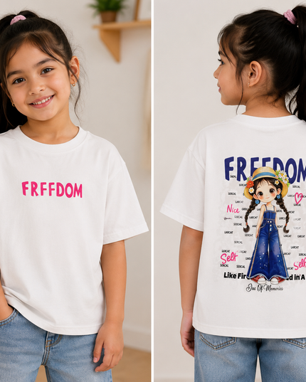 GIRLS TOPS CODE-A351 Girls White Graphic Oversized T-Shirt – Freedom Print Cotton Top | He And She