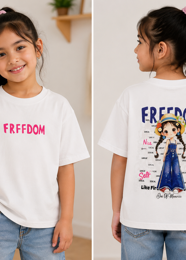 GIRLS TOPS CODE-A351 Girls White Graphic Oversized T-Shirt – Freedom Print Cotton Top | He And She