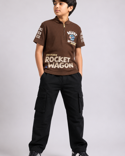 BOYS TSHIRT CODE-A152He and She Boys Brown Graphic Half Zip T-Shirt | Premium Cotton Blend Casual Kids Tee