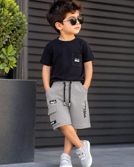 BOYS SHORT  CODE-A139 Boys Textured Cargo Shorts with Drawstring – Black & Grey