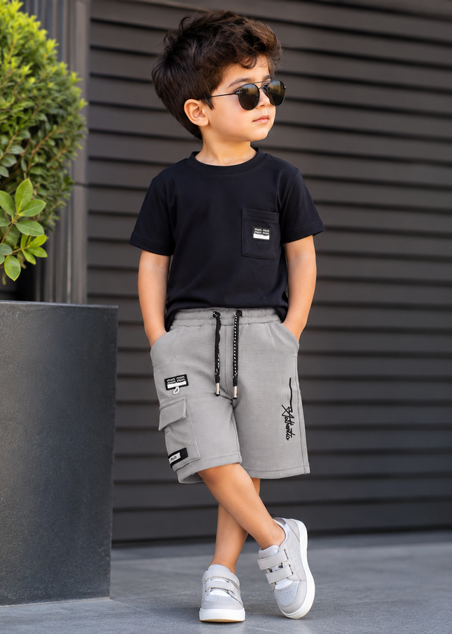 BOYS SHORT  CODE-A139 Boys Textured Cargo Shorts with Drawstring – Black & Grey