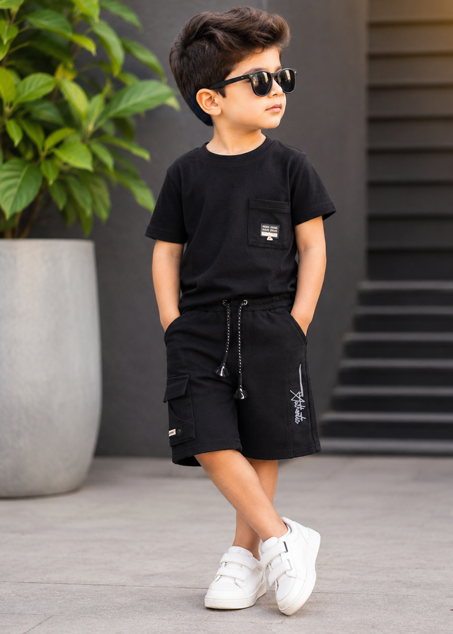 BOYS SHORT  CODE-A139 Boys Textured Cargo Shorts with Drawstring – Black & Grey
