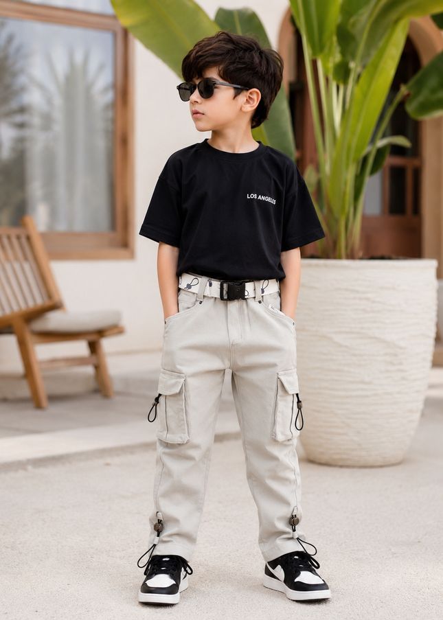 BOYS JEANS CODE-A141 Boys Stylish Cargo Pants with Belt & Utility Pockets – Off-White & Sage Green