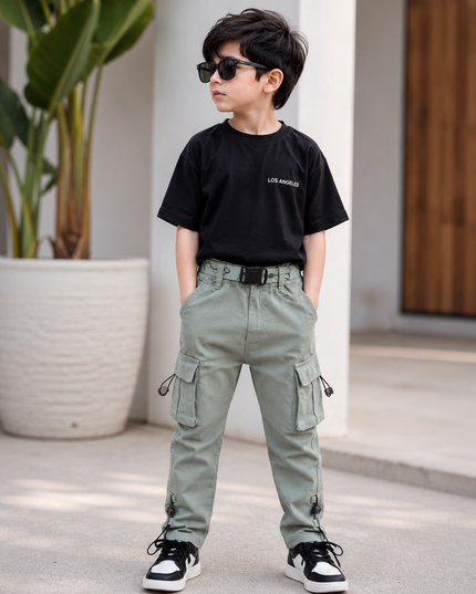 BOYS JEANS CODE-A141 Boys Stylish Cargo Pants with Belt & Utility Pockets – Off-White & Sage Green