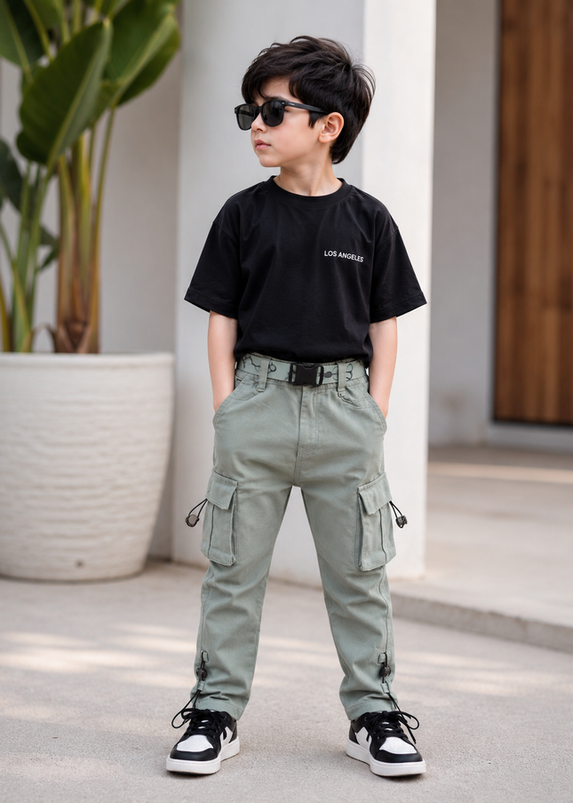 BOYS JEANS CODE-A141 Boys Stylish Cargo Pants with Belt & Utility Pockets – Off-White & Sage Green