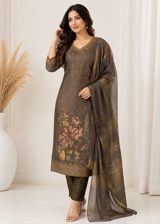 LADIES KURTI SET CODE-A181 He And She Women's Floral Printed Kurti Pant Set with Dupatta | V-Neck Ethnic Suit Set
