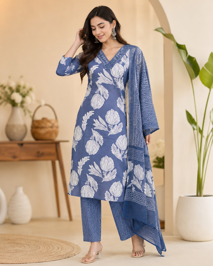 LADIES KURTI SET CODE-A194 Women's Floral Printed Kurta Pant Set with Dupatta | 3-Piece Ethnic Suit Set | Grey, Mustard Yellow & Olive Green | He and She