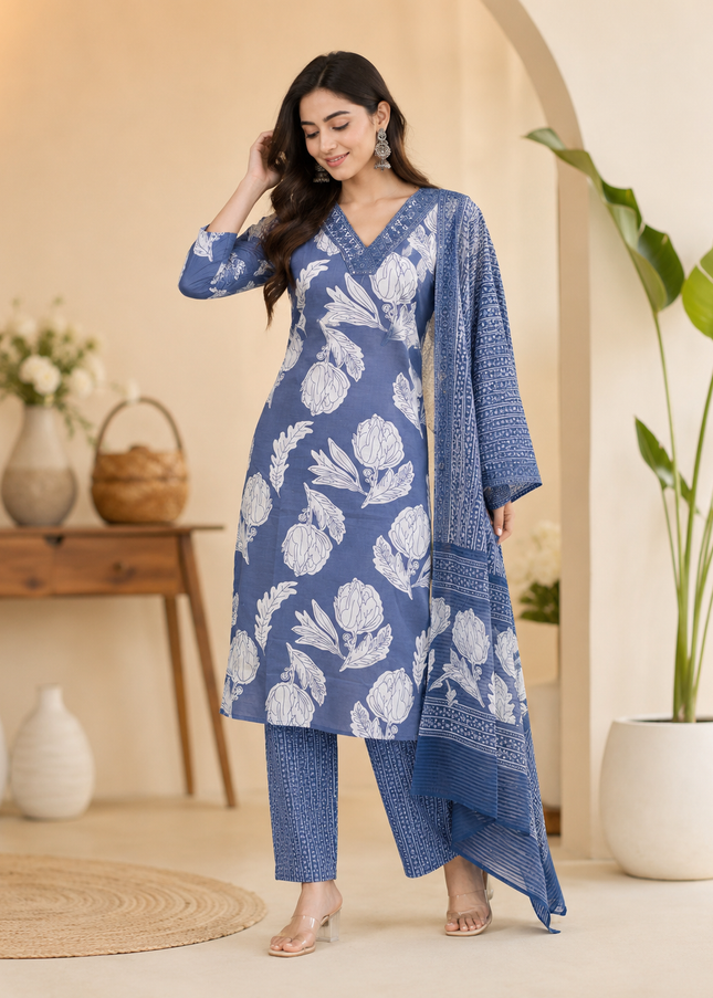 LADIES KURTI SET CODE-A194 Women's Floral Printed Kurta Pant Set with Dupatta | 3-Piece Ethnic Suit Set | Grey, Mustard Yellow & Olive Green | He and She